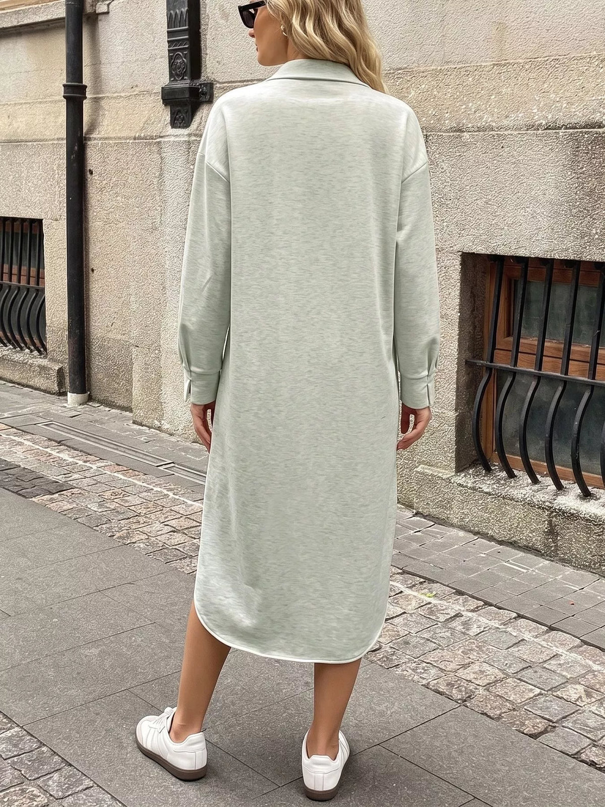 Polo Collar Long Sleeve Midi Dress