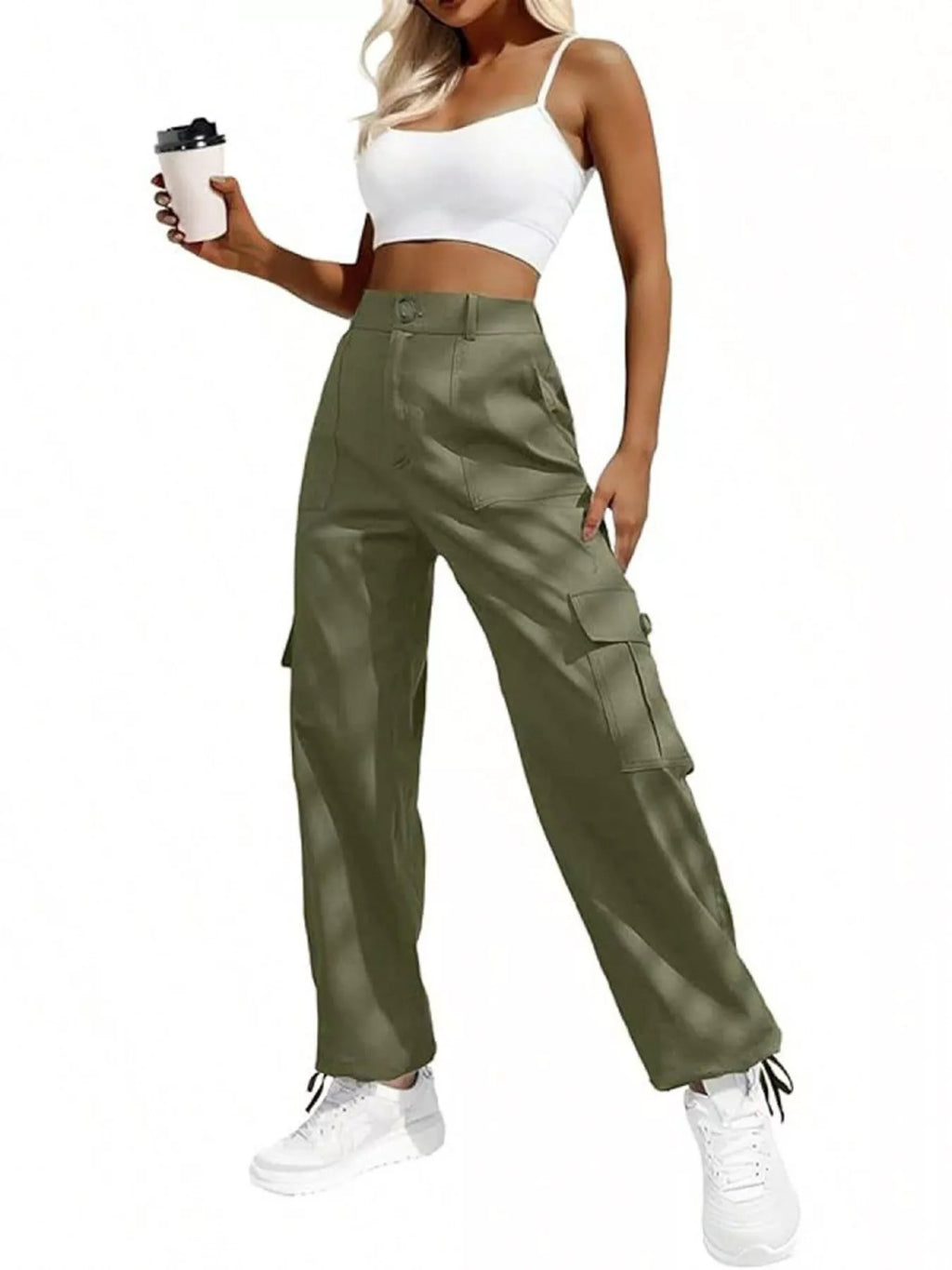 High-Waisted Cargo Pants with Drawstring Cuffs