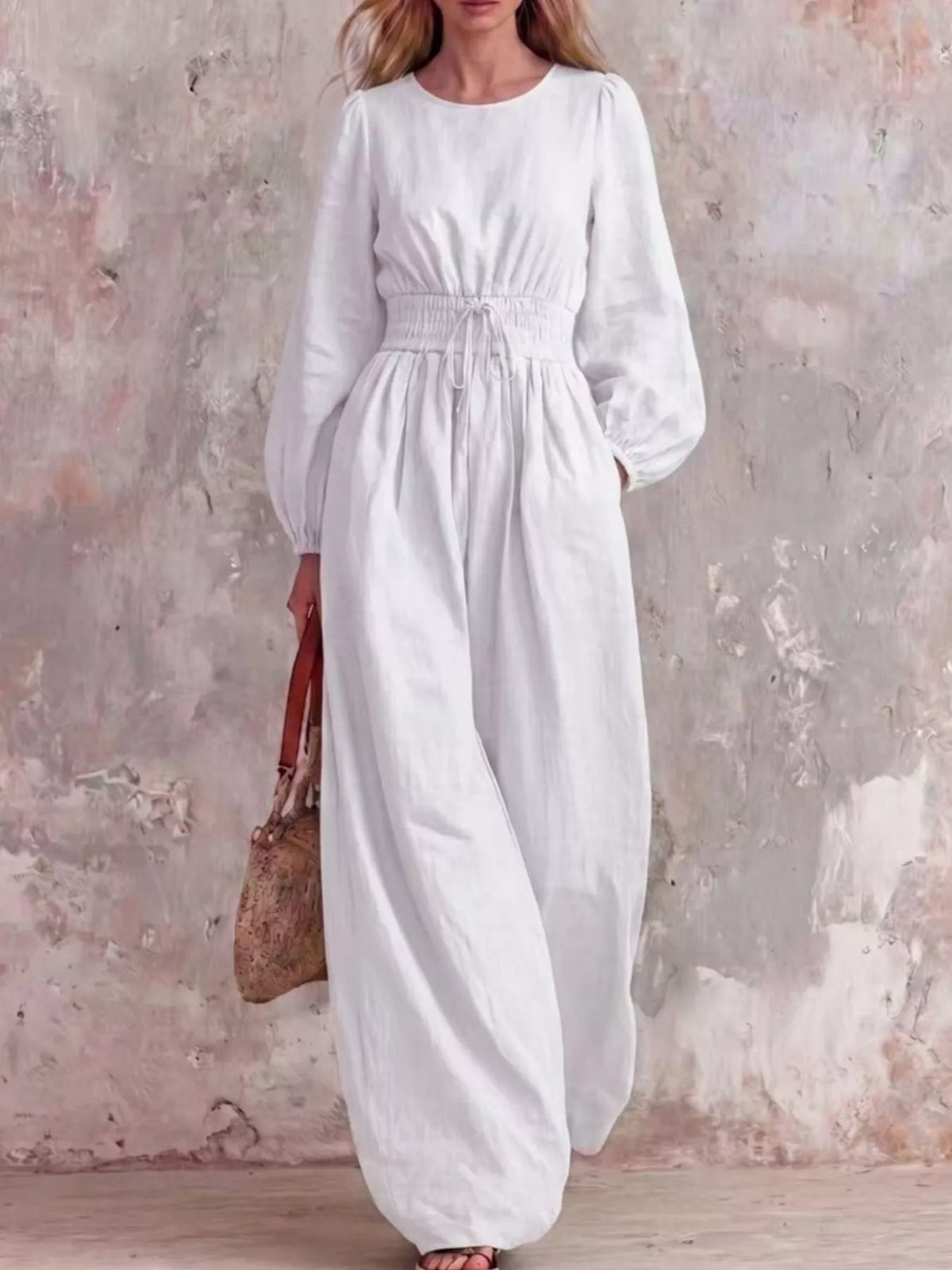 Smocked Waist Long-Sleeve Jumpsuit
