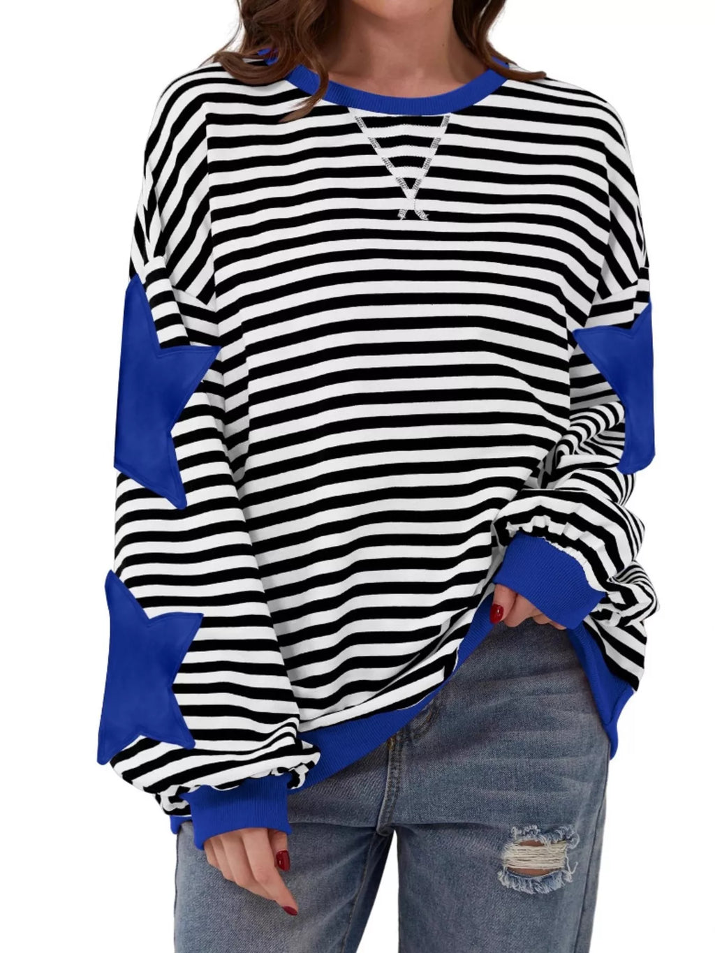 Full Size Star Patch Striped Oversized Sweatshirt Plus Size