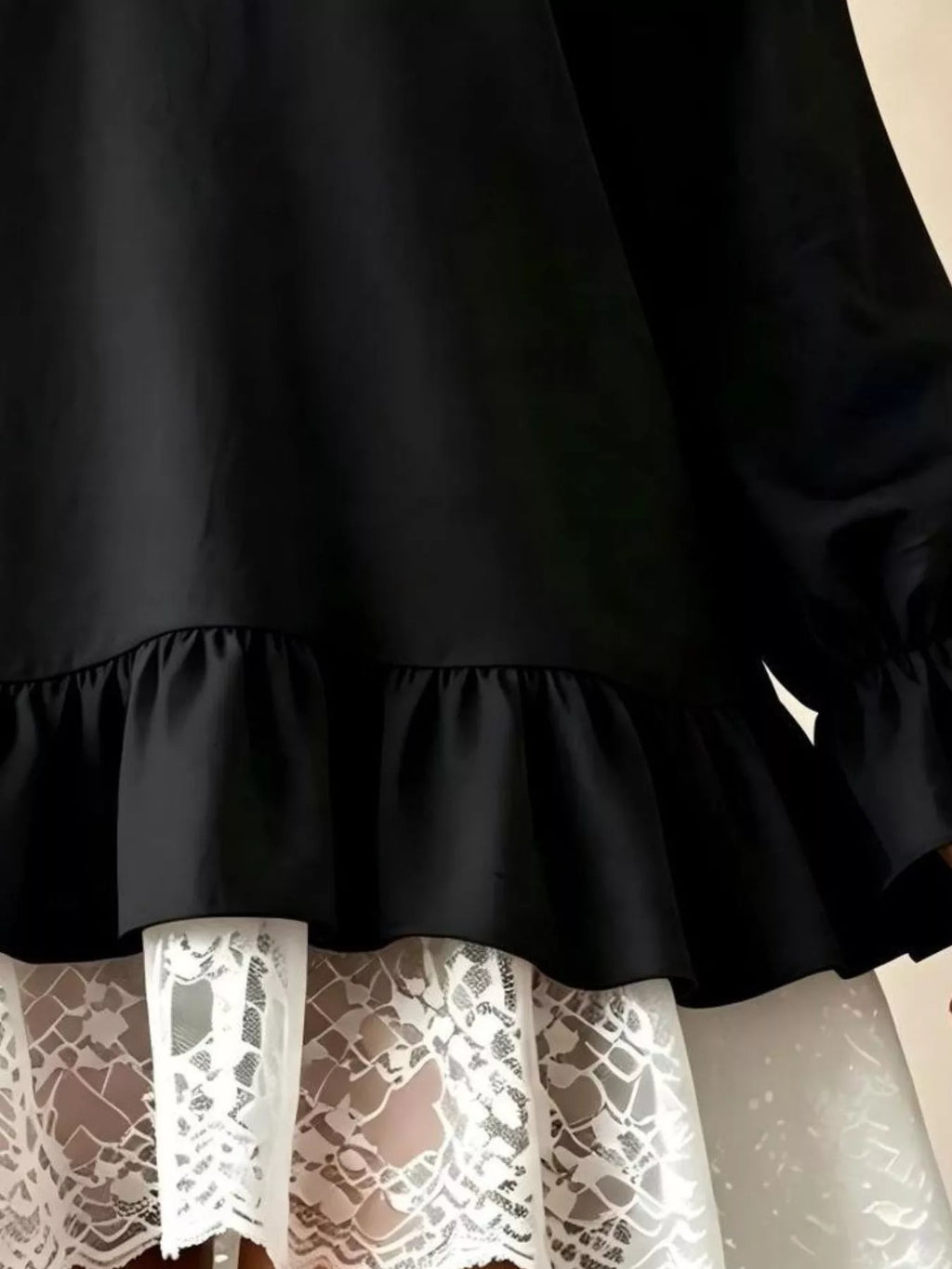 V-Neck Long Sleeve Ruffle Hem Lace Detail Dress