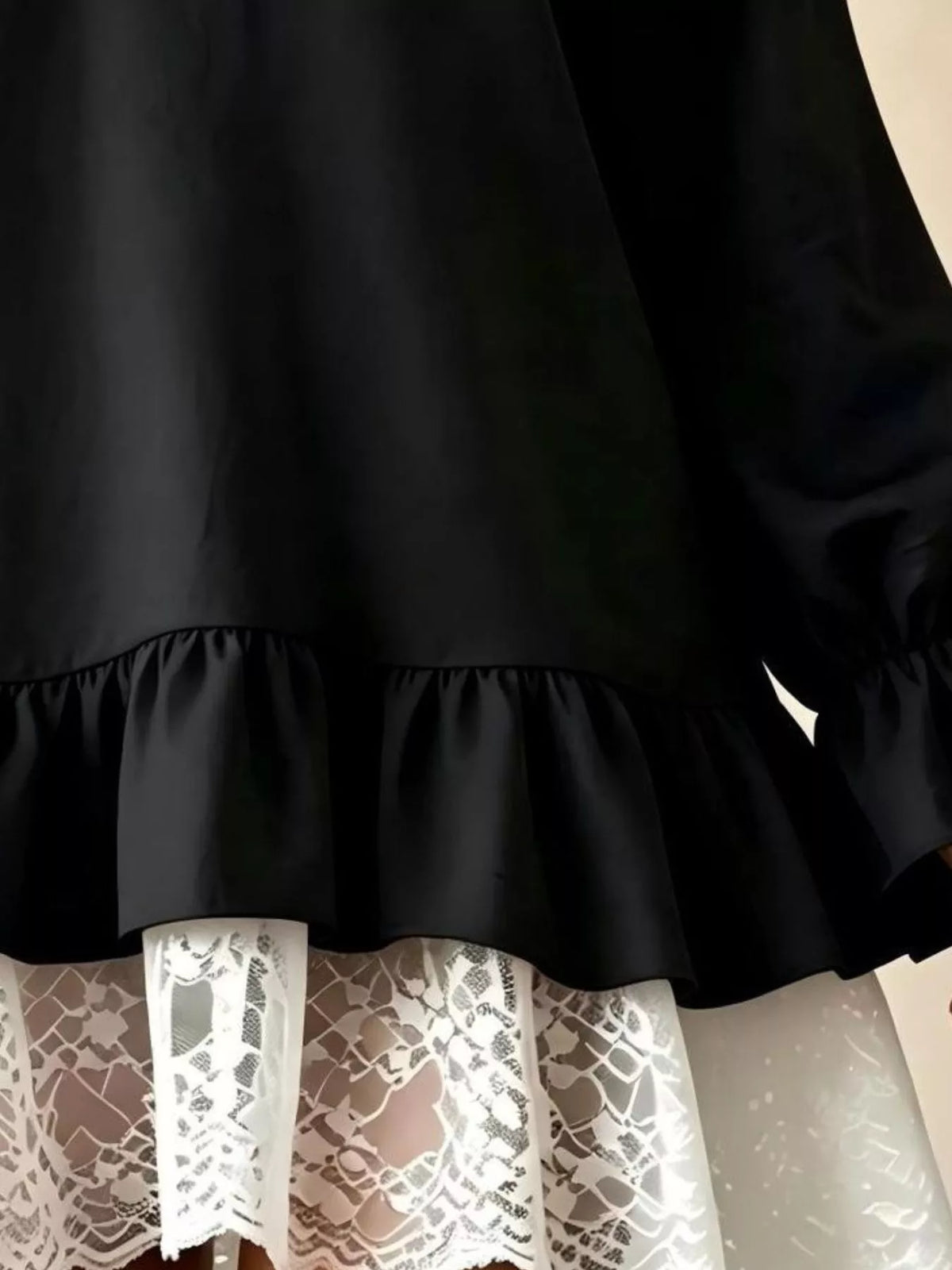 V-Neck Long Sleeve Ruffle Hem Lace Detail Dress