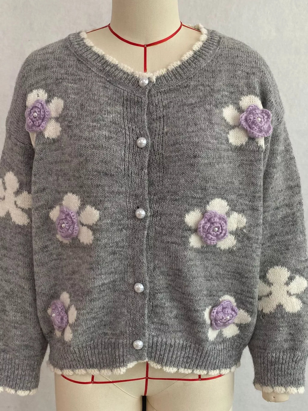 Floral Applique Button-Down Knit Cardigan