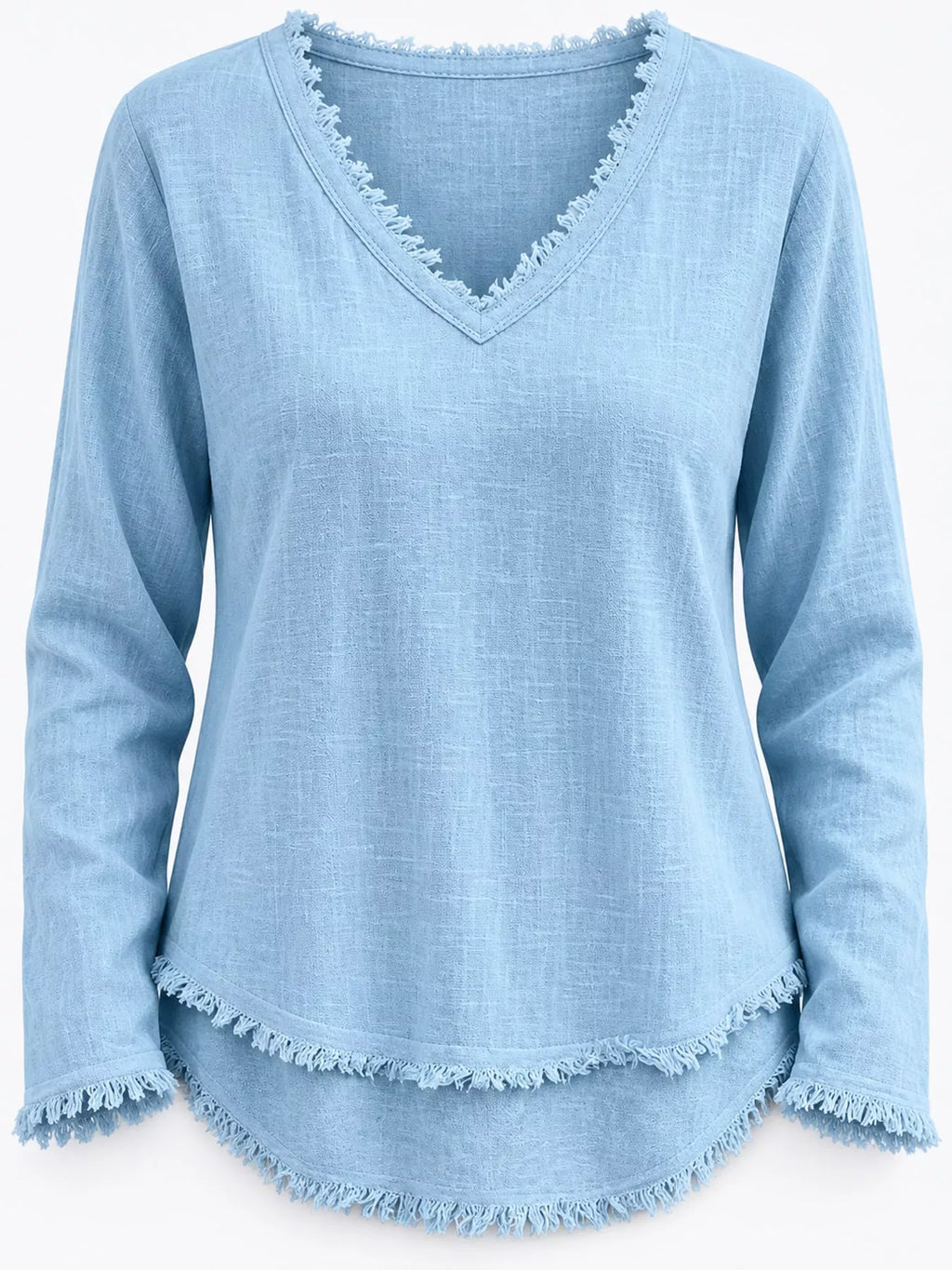 Full Size Frayed Hem V-Neck Long Sleeve Blouse Plus Size