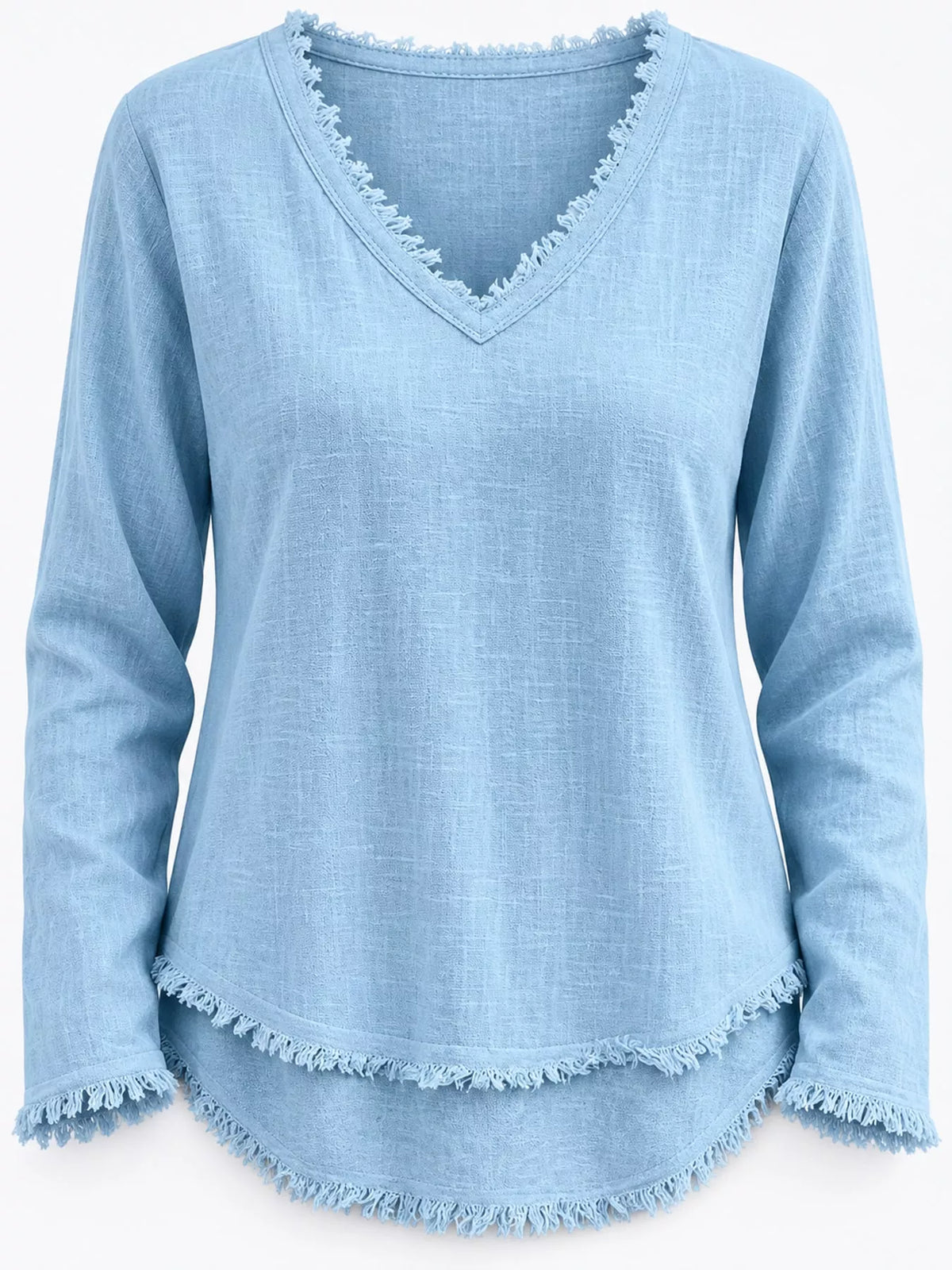 Full Size Frayed Hem V-Neck Long Sleeve Blouse Plus Size