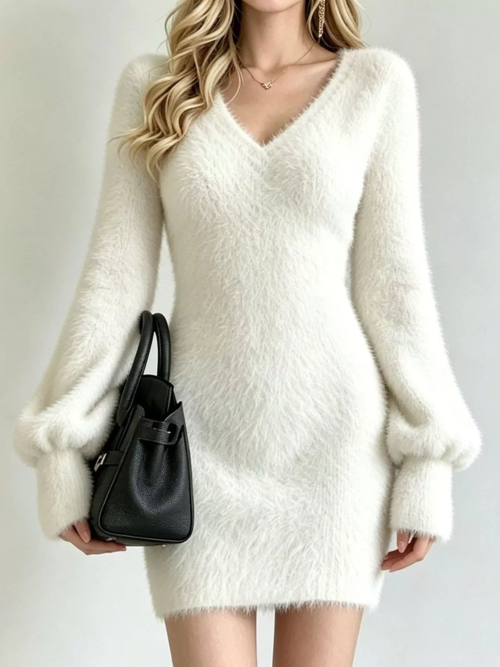 V-Neck Fuzzy Knit Sweater Dress
