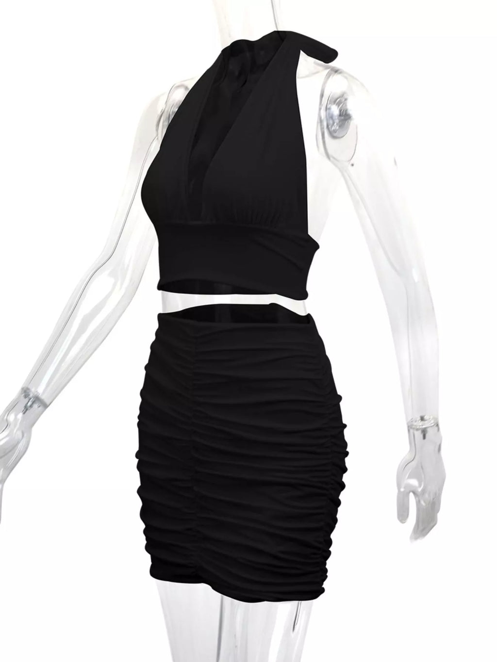 Halter Crop Top and Ruched Bodycon Mini Skirt Set