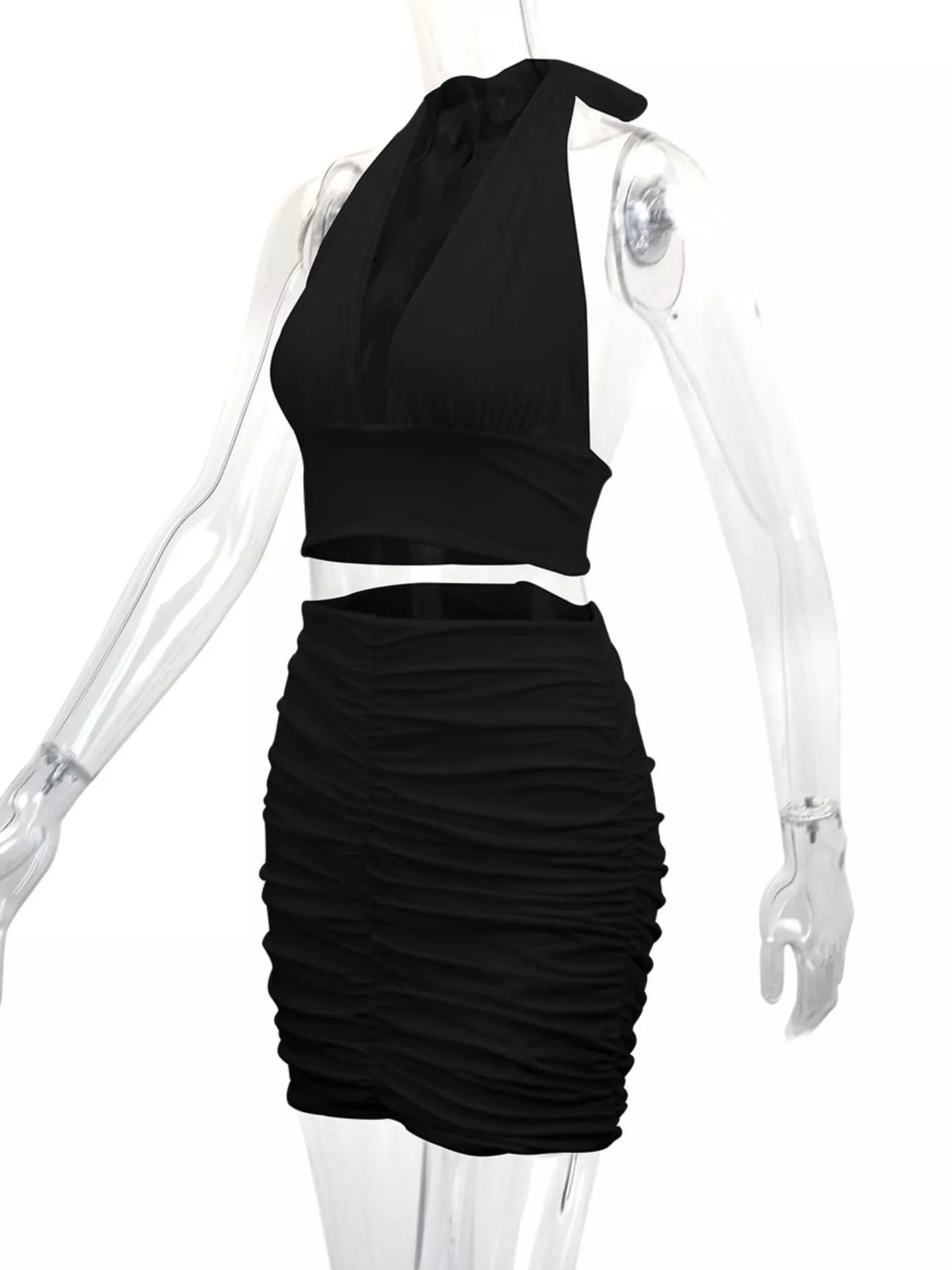 Halter Crop Top and Ruched Bodycon Mini Skirt Set