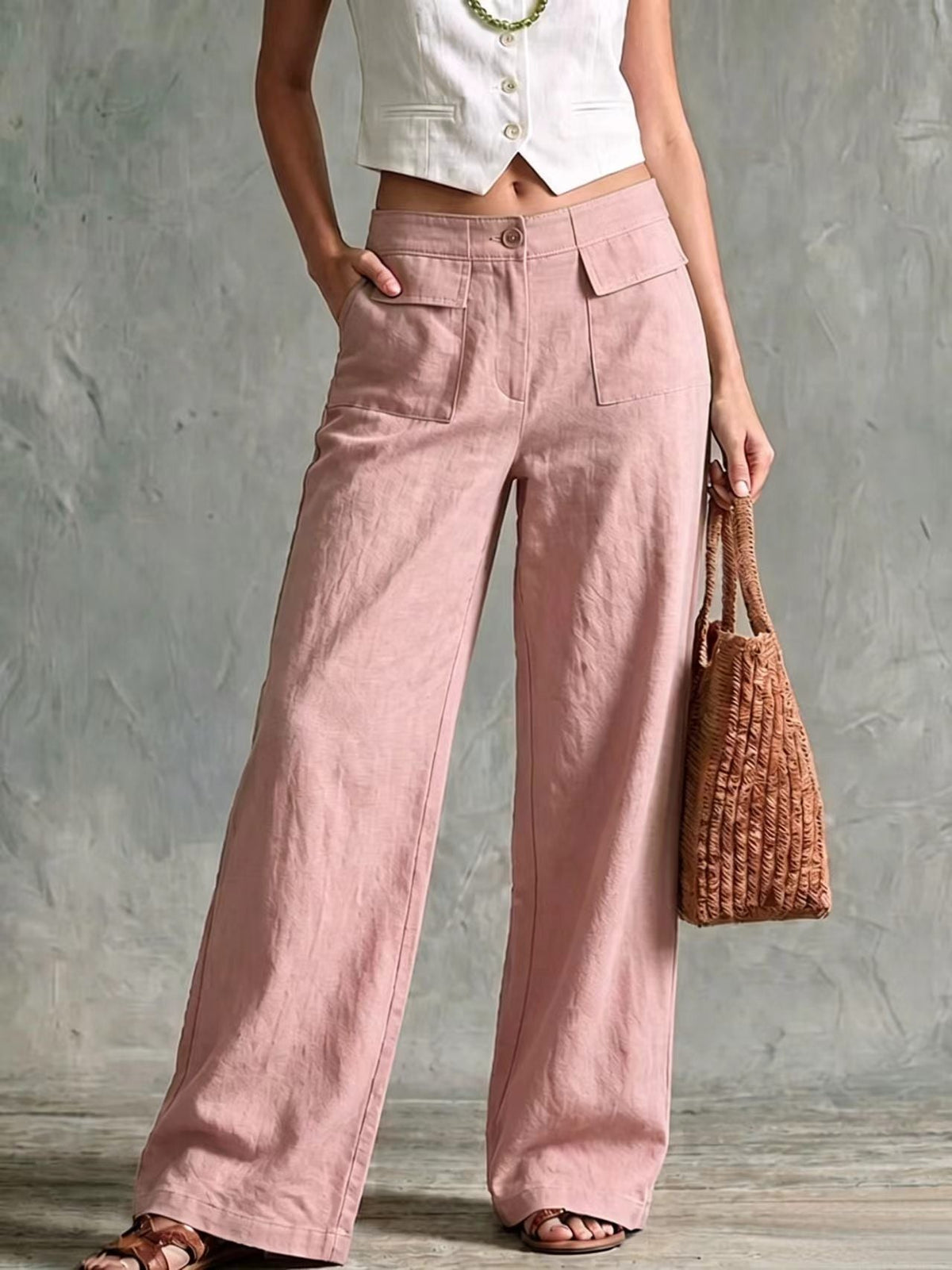 Women's Solid Color Loose Fit Casual Pants - Elastic Waist Trousers for Daily Wear