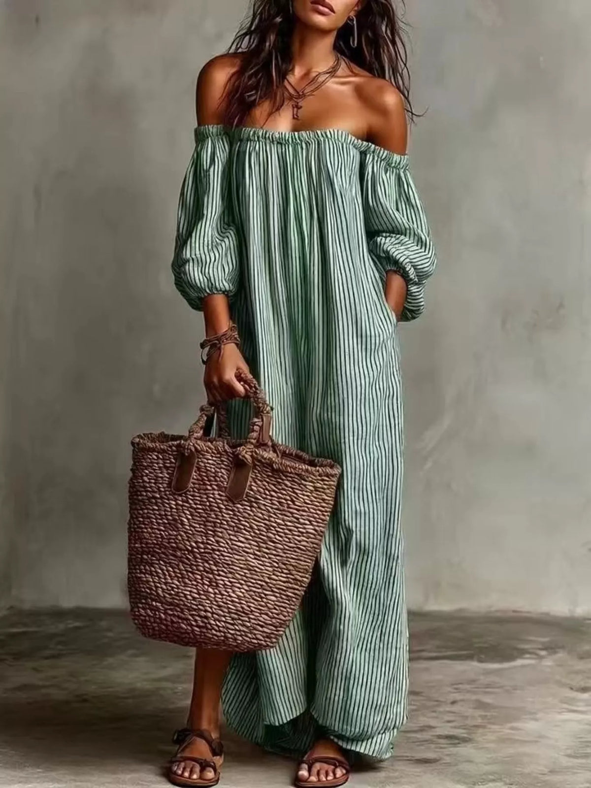 Full Size Off-Shoulder Striped Maxi Dress with Puff Sleeves Plus Size