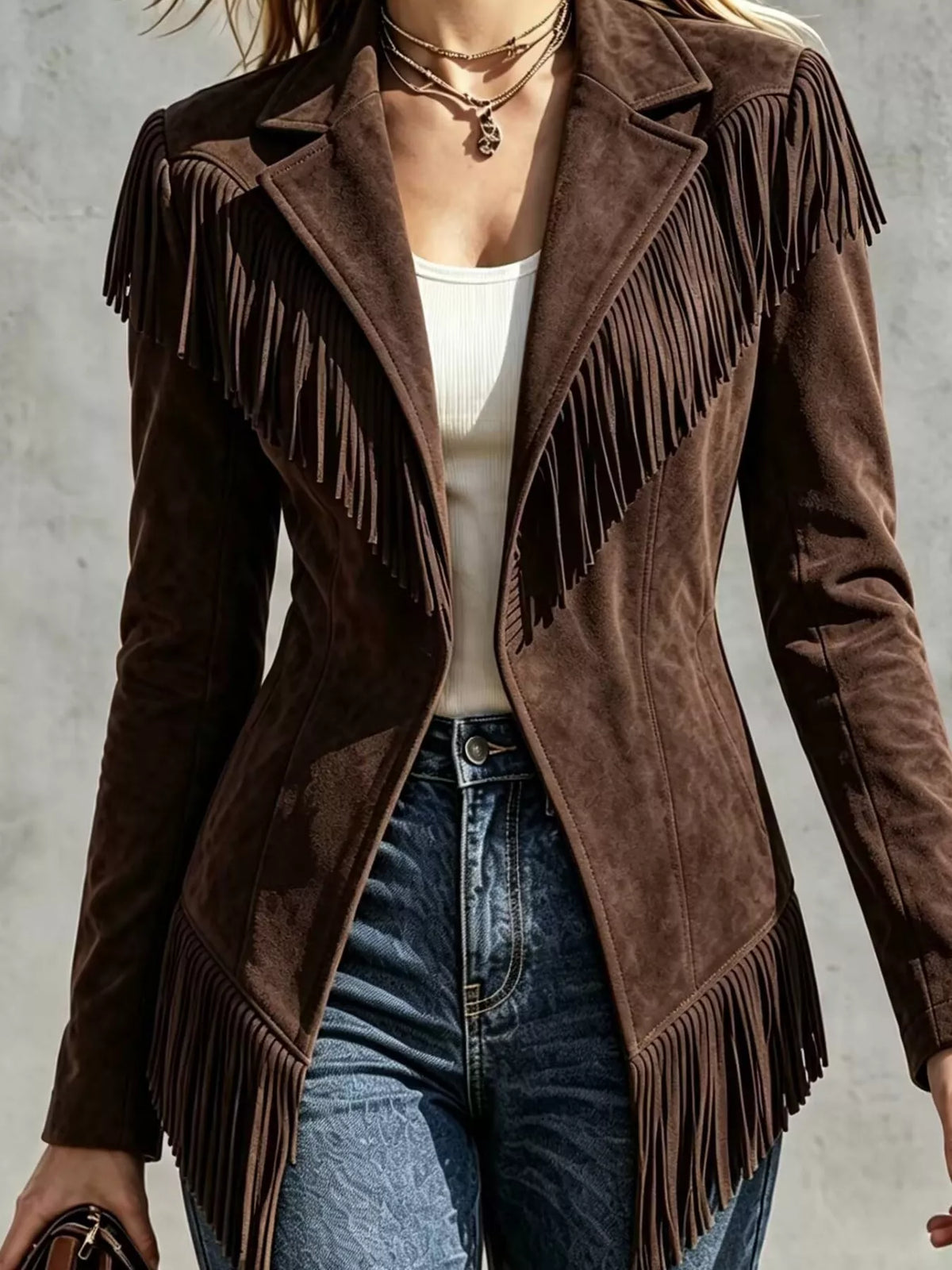 Western-Inspired Fringed Open Front Jacket