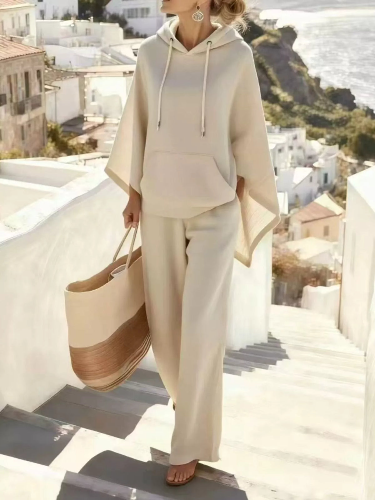Hooded Poncho and Wide-Leg Pants Set