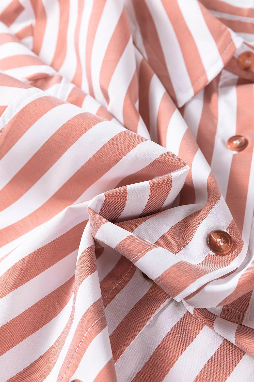 Stripe Collar Button Front Bracelet Sleeve Ruffle Hem Shirt