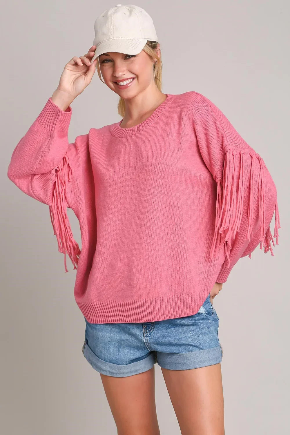 Umgee Full Size Fringe Round Neck Long Sleeve Sweater Plus Size