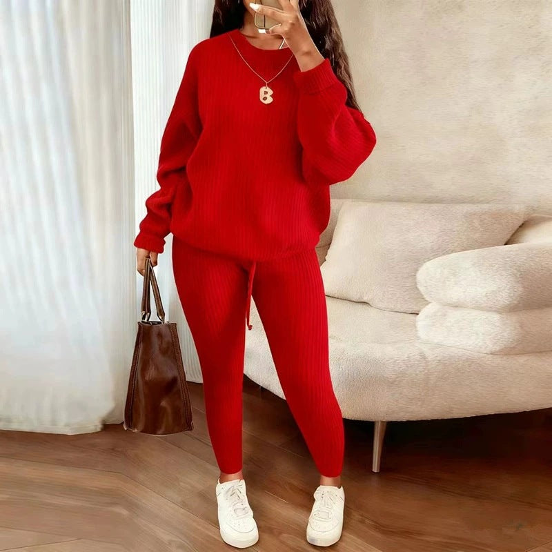 Winter Ribbed Knit Suits Fashion Loose Pullover Sweater Top And Drawstring Pants For Women Trouser Set Clothing