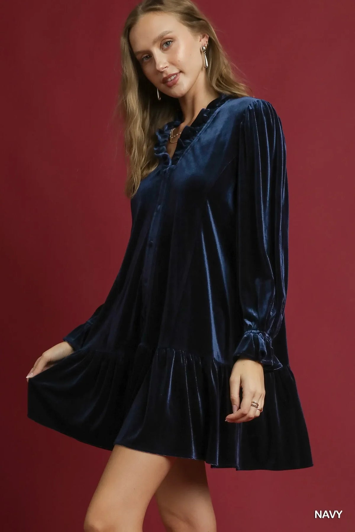 Umgee Velvet Ruffle Trim Mini Dress