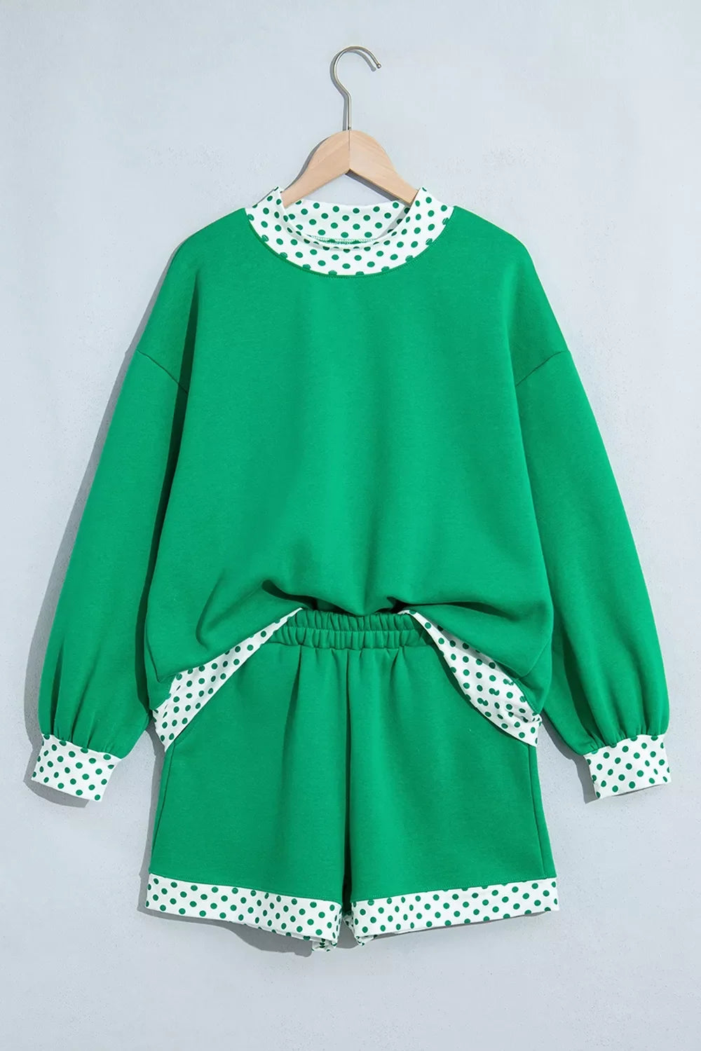 Polka Dot Trim Long Sleeve Sweatshirt and Shorts Set