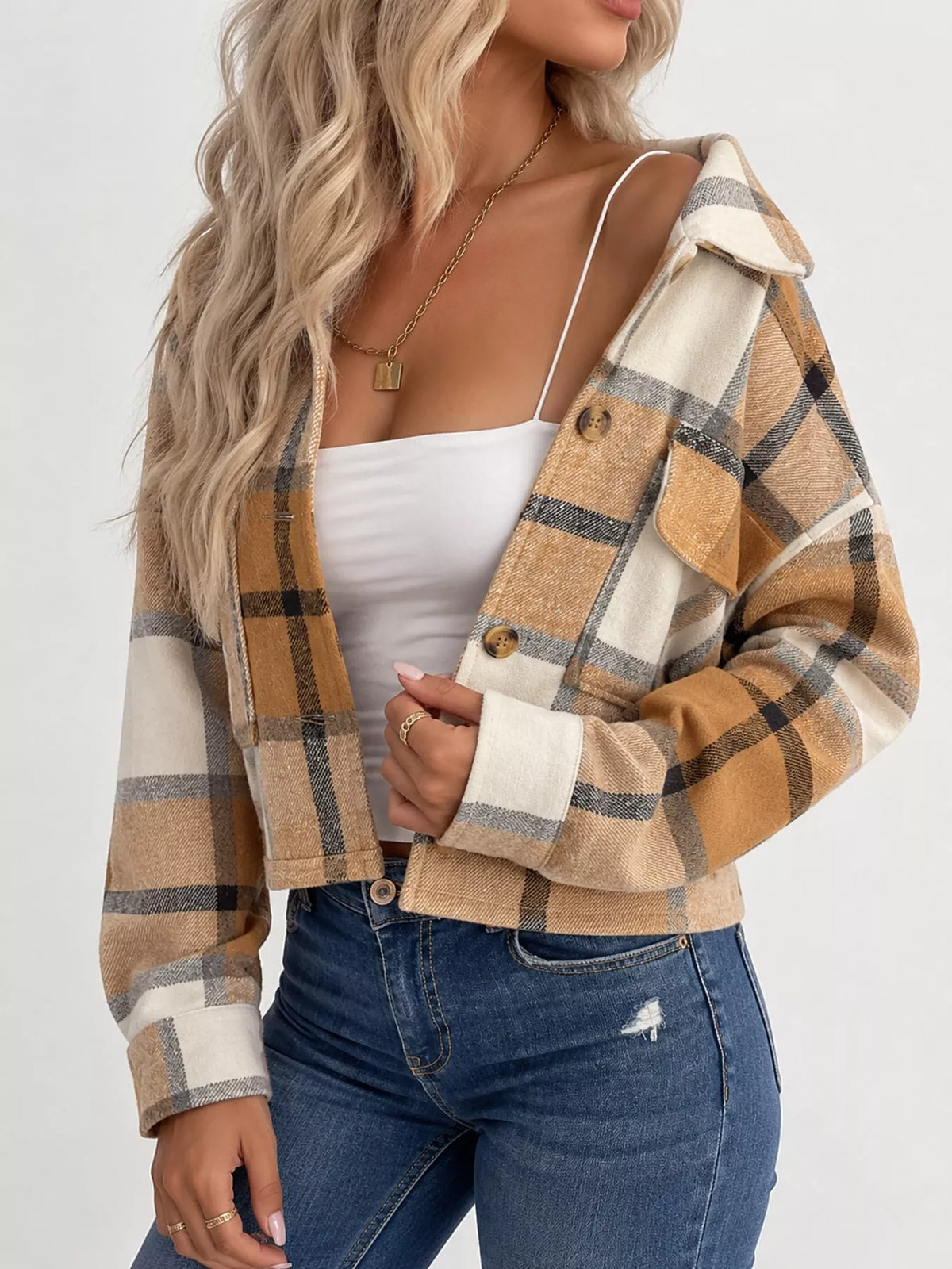 Plaid Button-Front Cropped Jacket