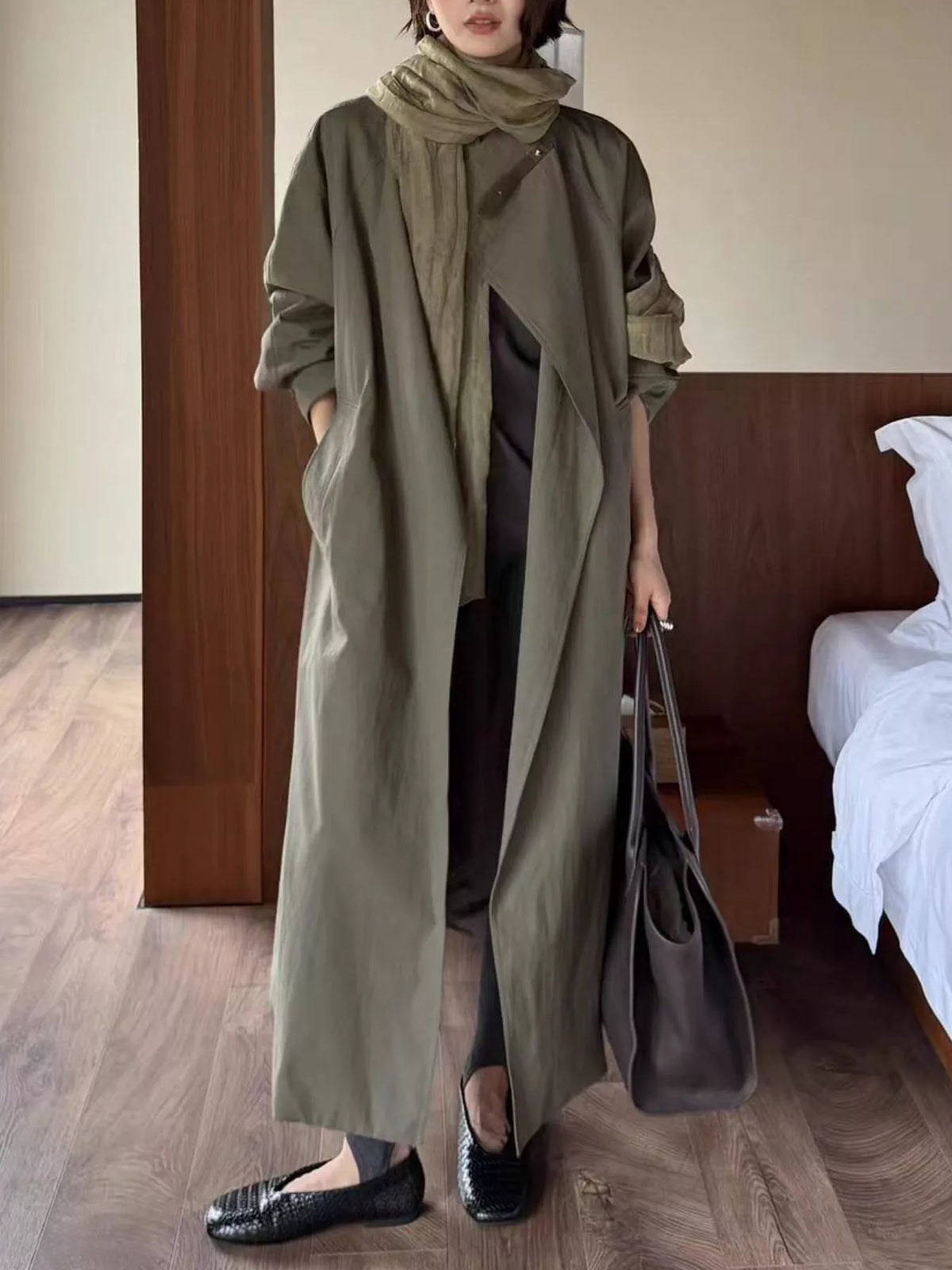 Drawstring Open Front Longline Trench Coat