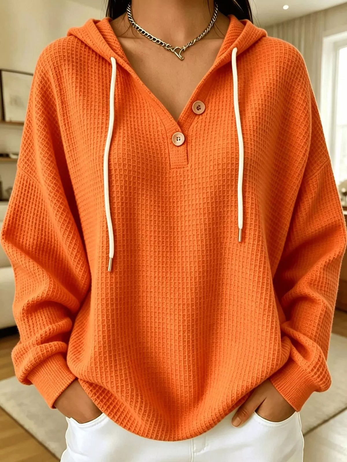 Full Size Waffle Knit Button Detail Hoodie Plus Size