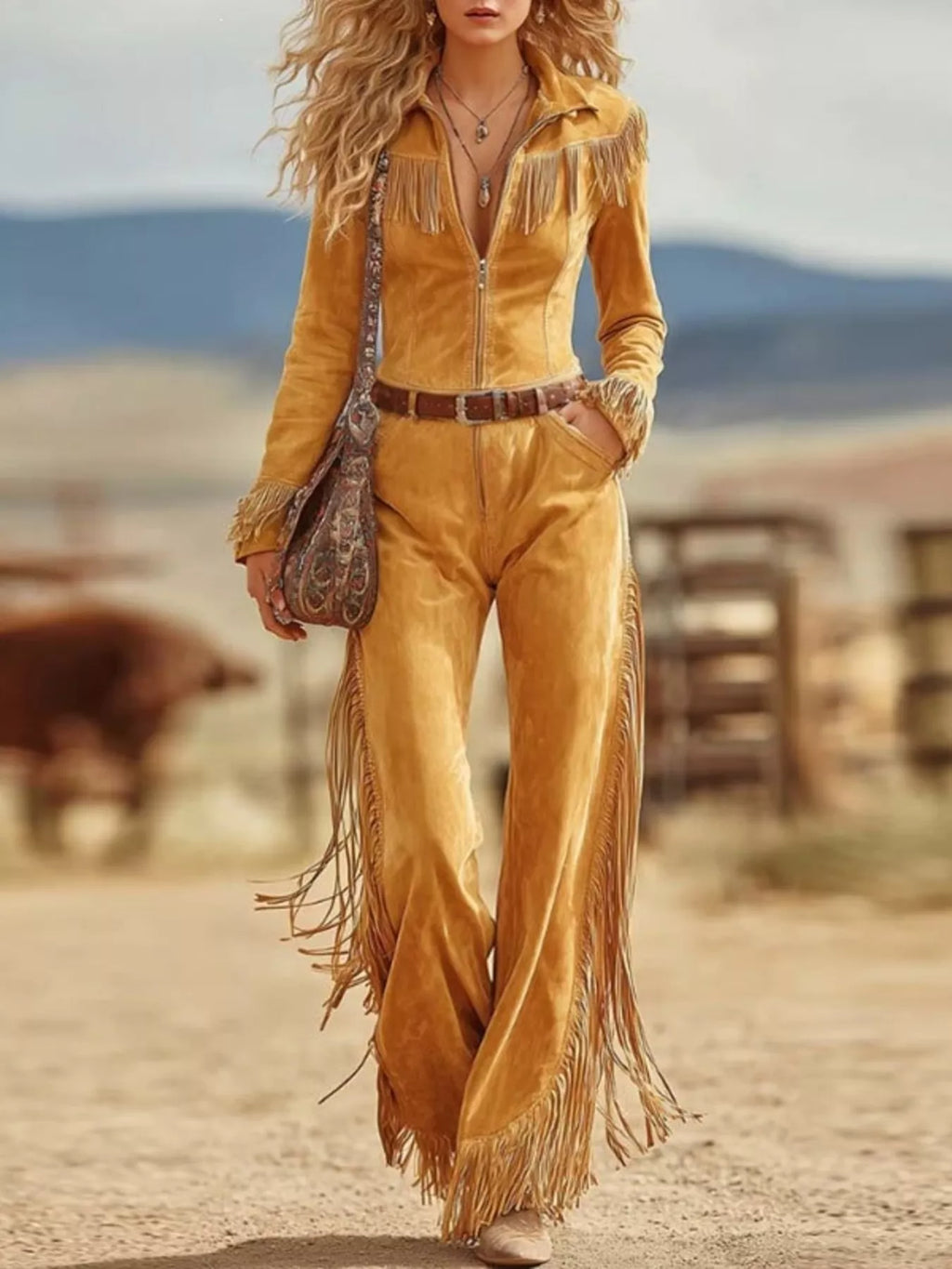Western-Inspired Suede Fringe Jumpsuit with Zipper Front