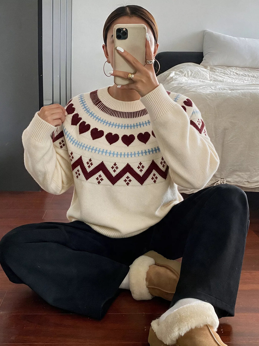 Heart-Patterned Crew Neck Sweater