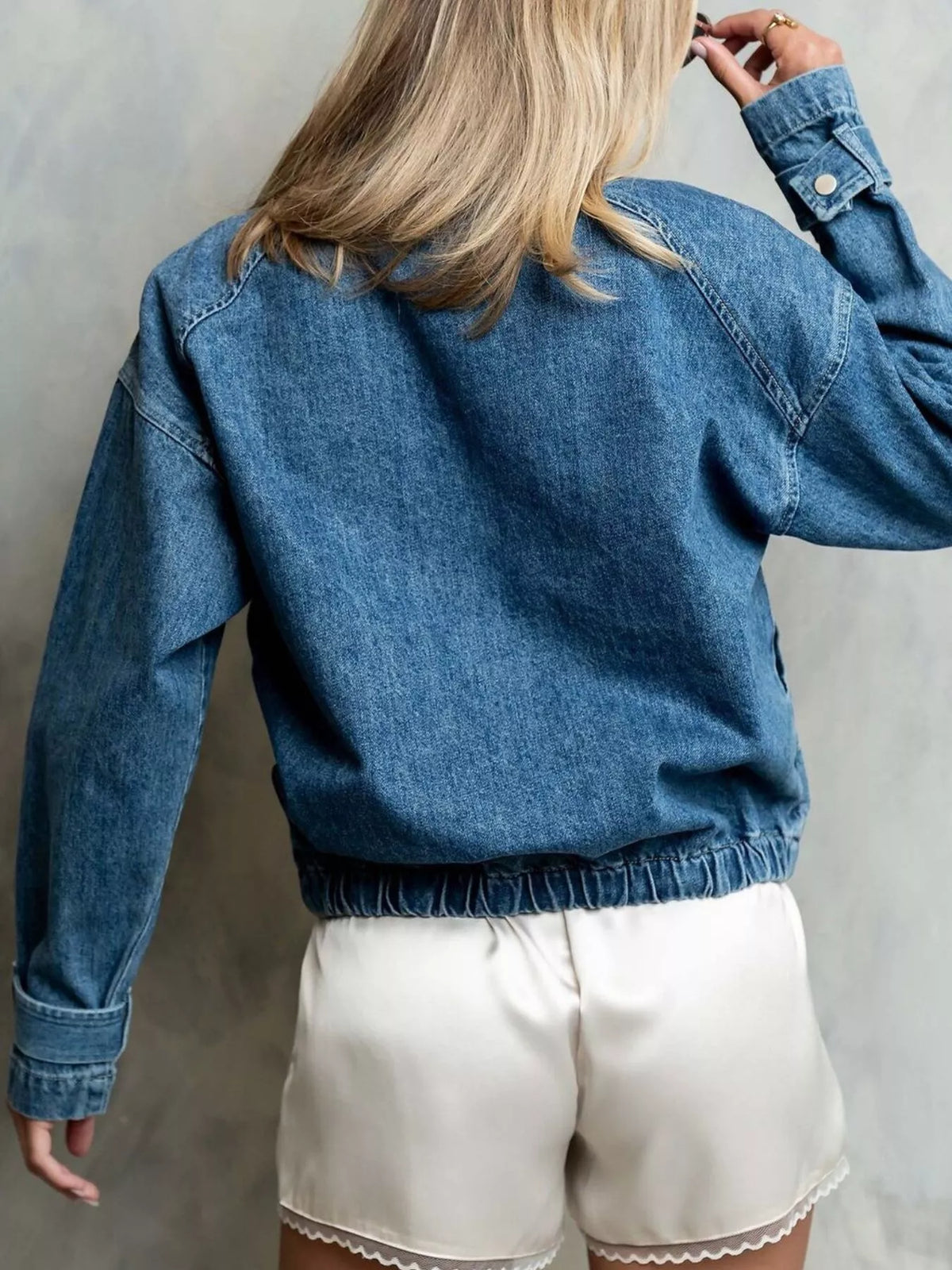 Half-Zip Turtleneck Denim Top