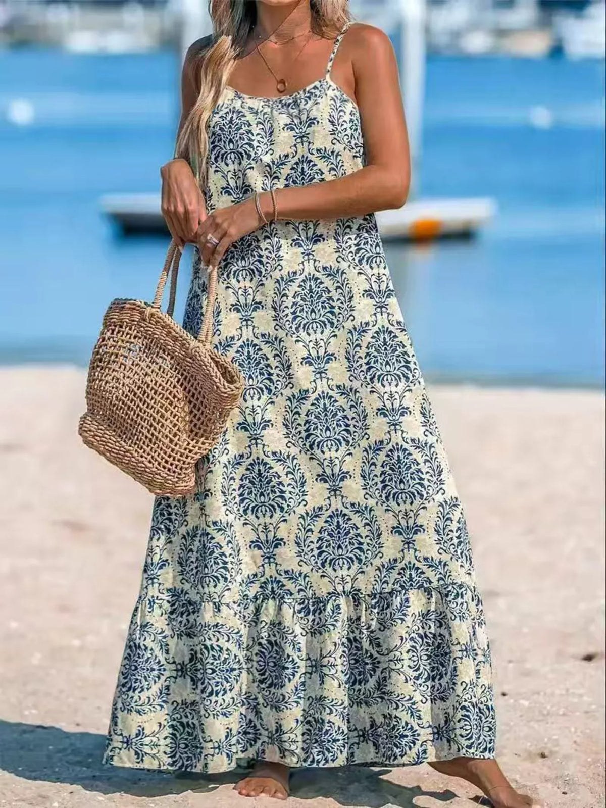Plus Size Bohemian Spaghetti Strap Damask Print Maxi Beach Dress
