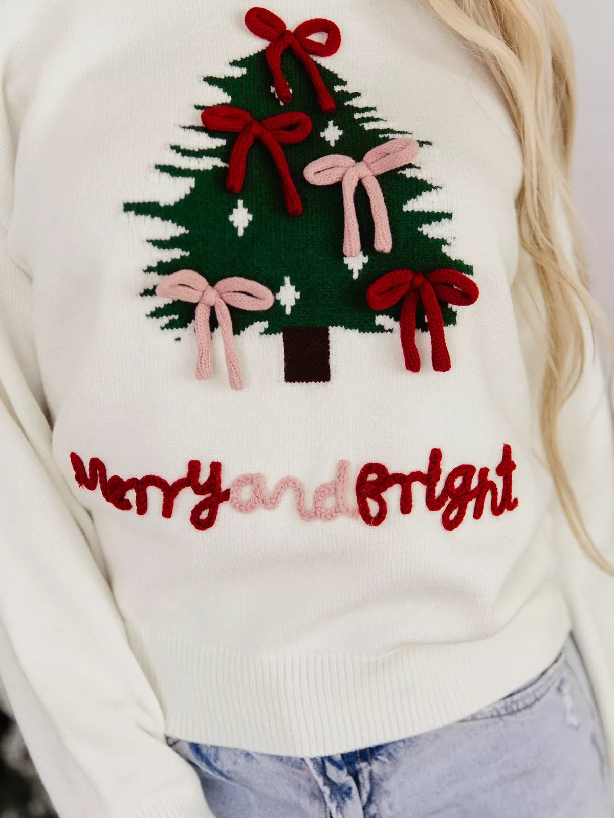 Christmas Tree Bow Drop Shoulder Knit Sweater