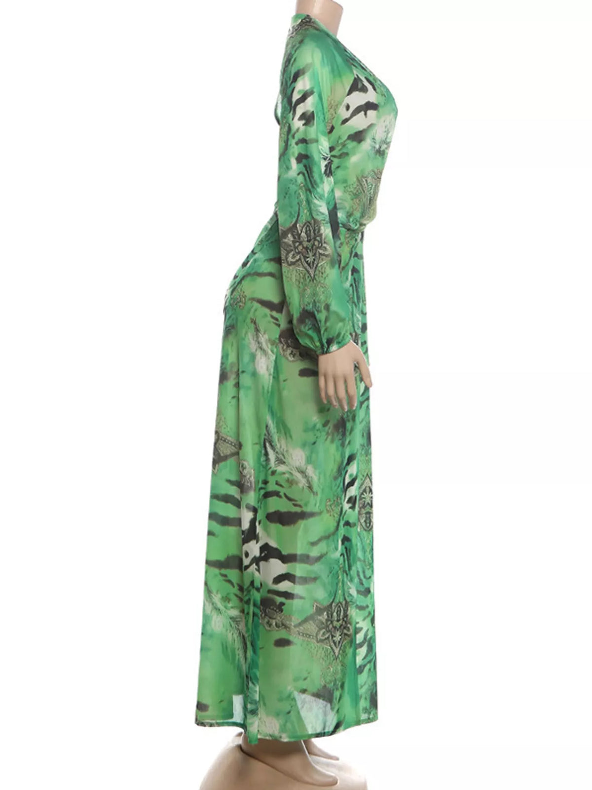 Deep V-Neck Long Sleeve Printed Maxi Dress