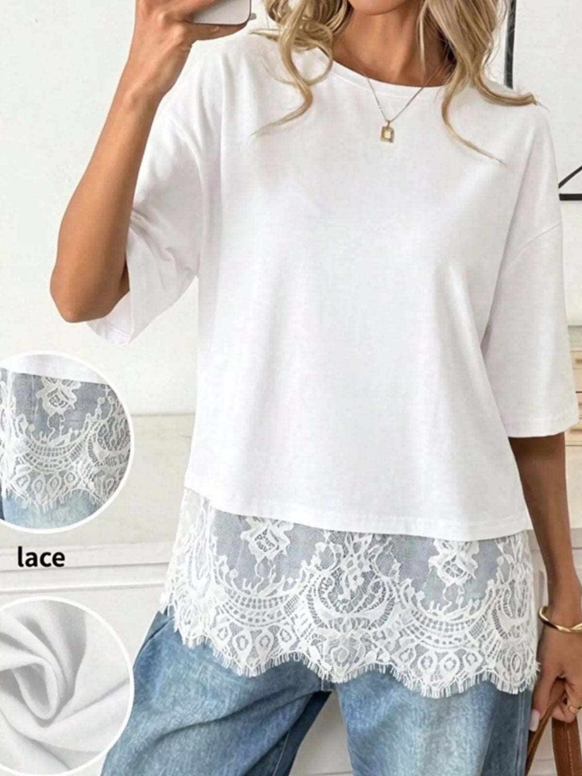 Lace Hem Round Neck T-Shirt