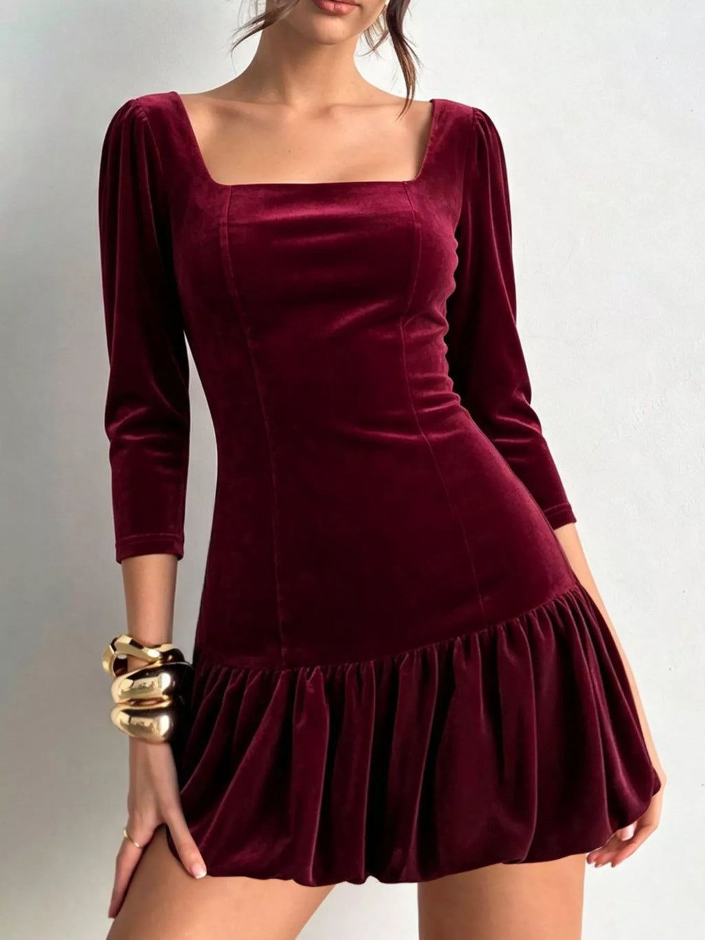 Christmas Velvet Square Neck Mini Dress with Ruffled Hem
