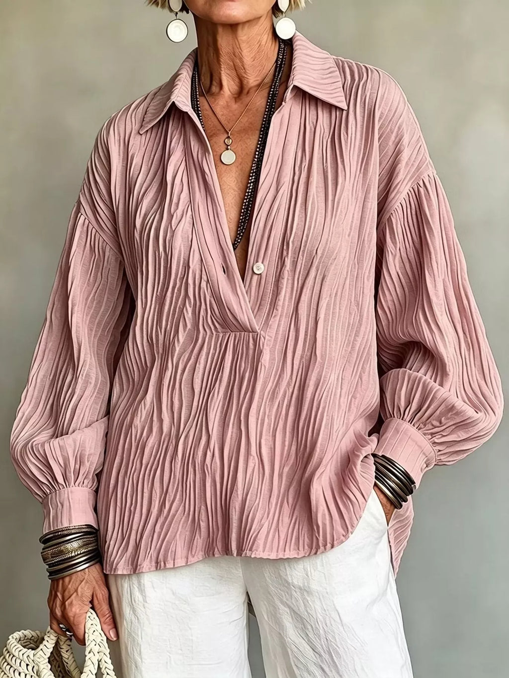 Full Size Texture Long Sleeve Blouse Plus Size