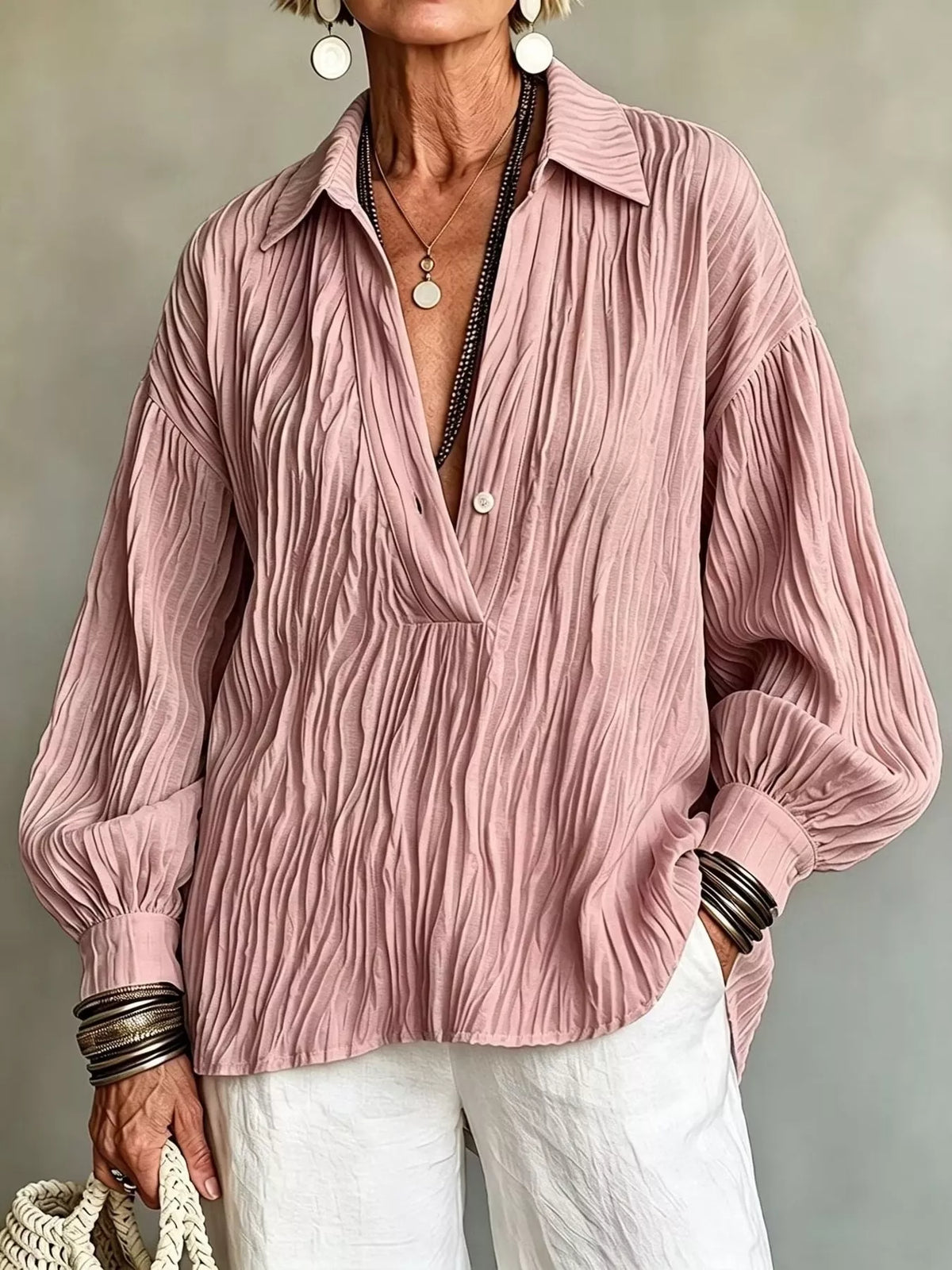 Full Size Texture Long Sleeve Blouse Plus Size