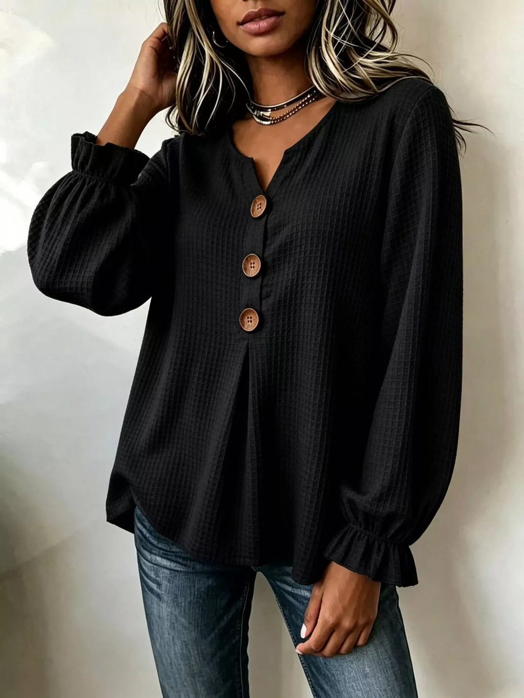 Waffle Knit Long Sleeve Top