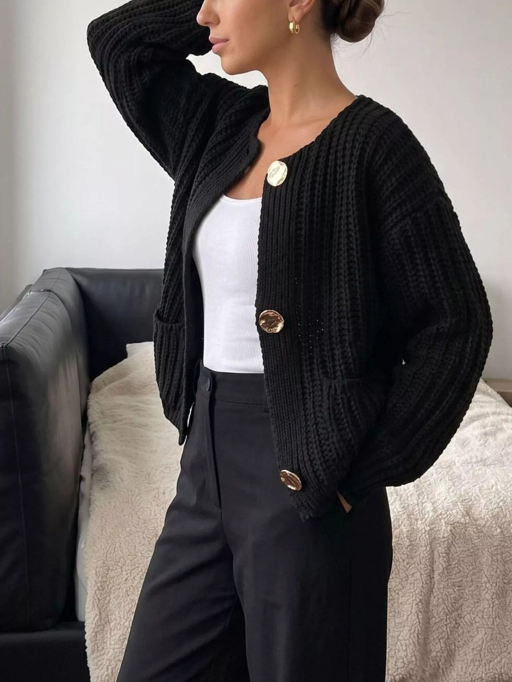 Ribbed Knit Cardigan with Gold-Tone Buttons
