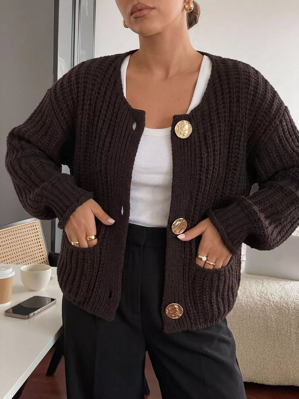 Ribbed Knit Cardigan with Gold-Tone Buttons