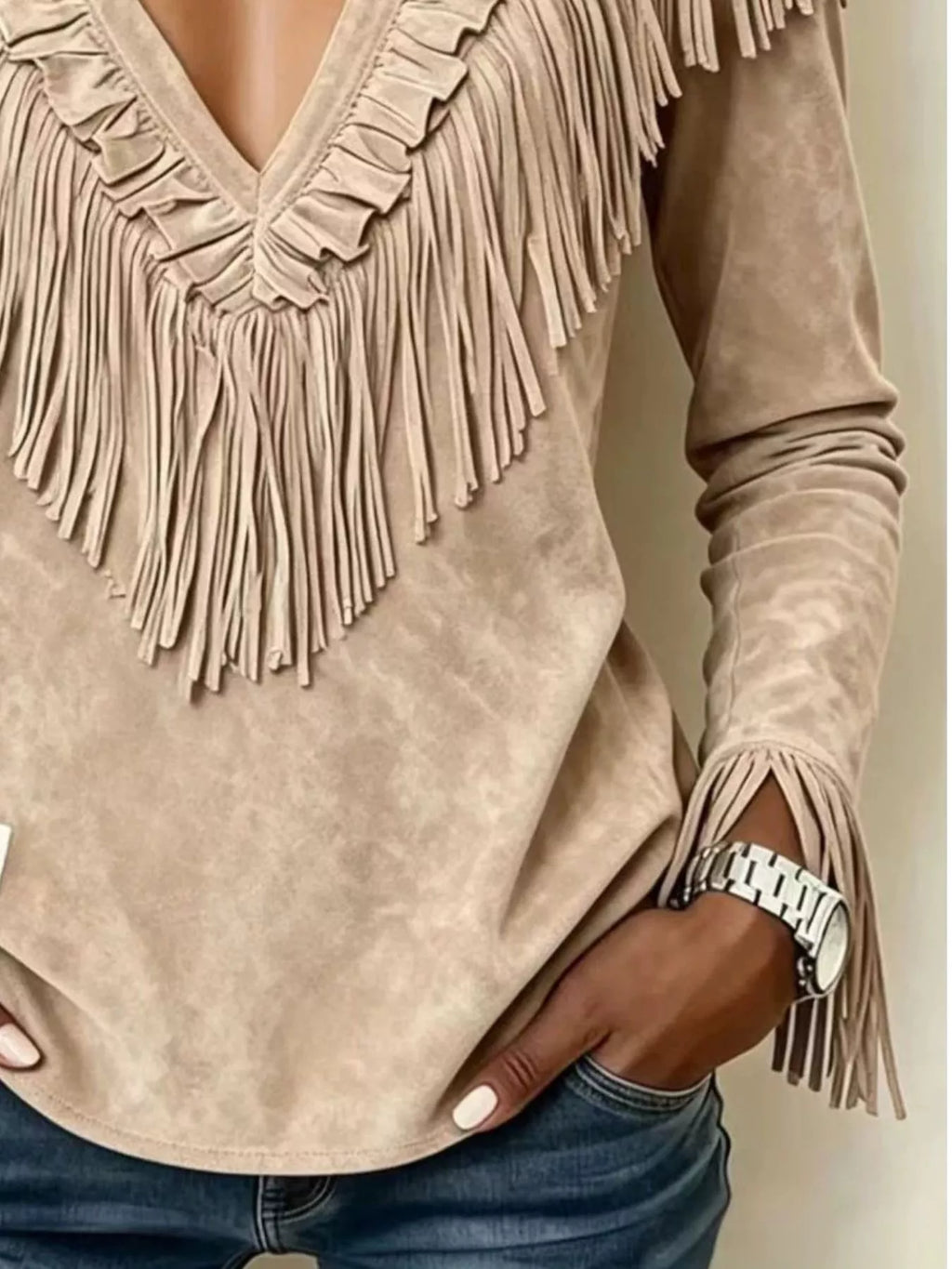 Fringed V-Neck Blouse