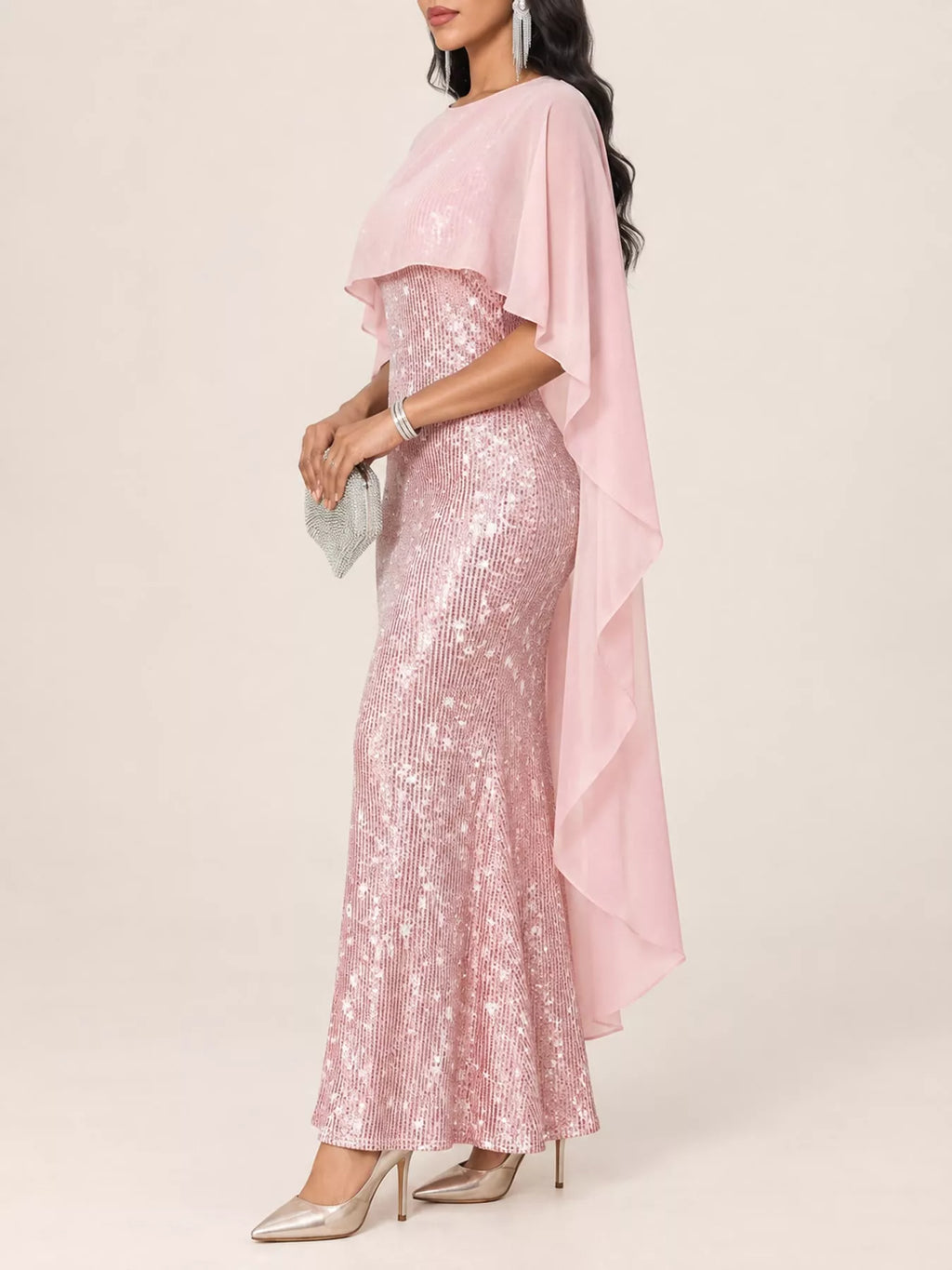 Sequin Cape Overlay Evening Dress