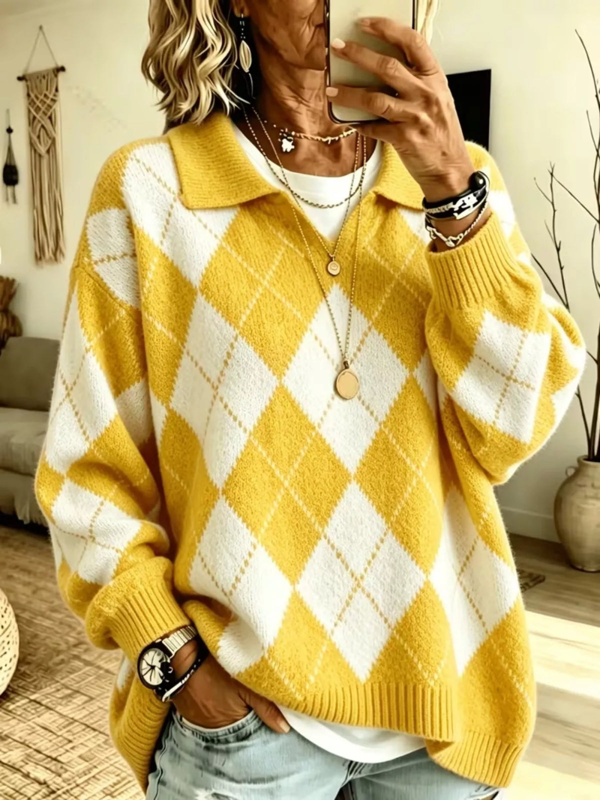 Argyle Pattern Polo Collar Sweater