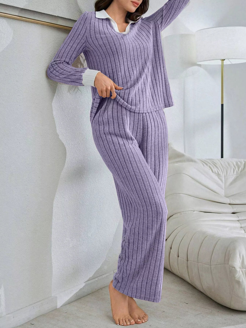 Ribbed Knit Polo Collar Top and Pants Lounge Set