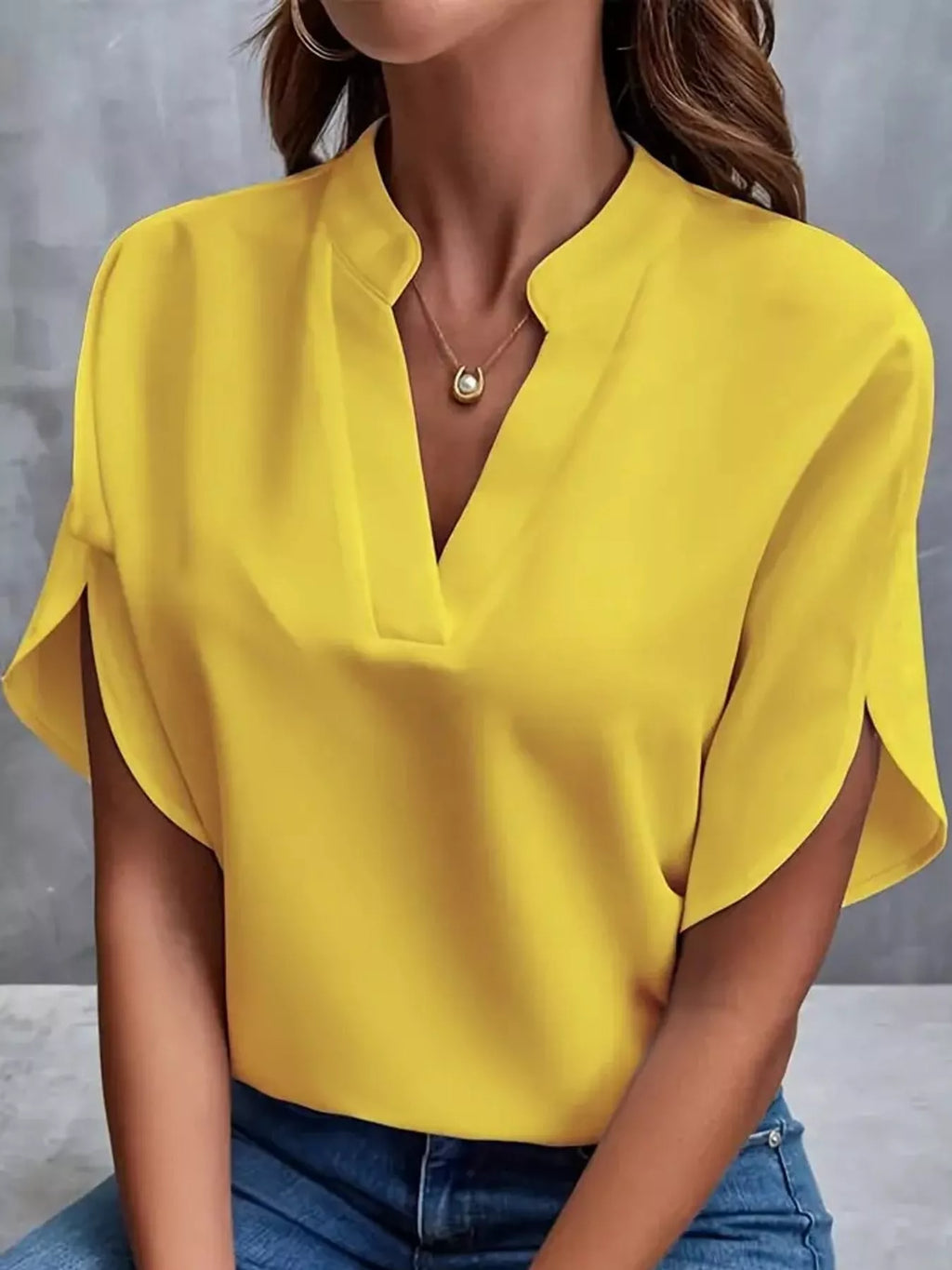 Notched Slit Short Sleeve Blouse