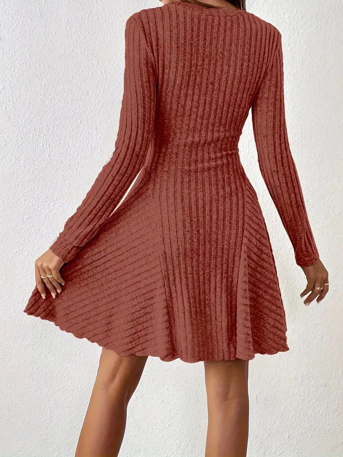 V-Neck Ribbed Knit A-Line Dress