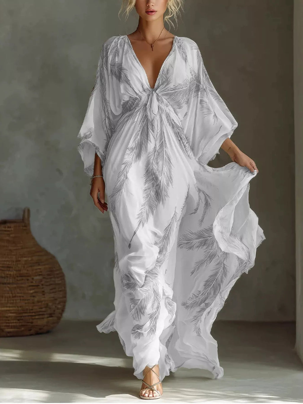 Full Size Feather Print V-Neck Flowy Maxi Dress Plus Size