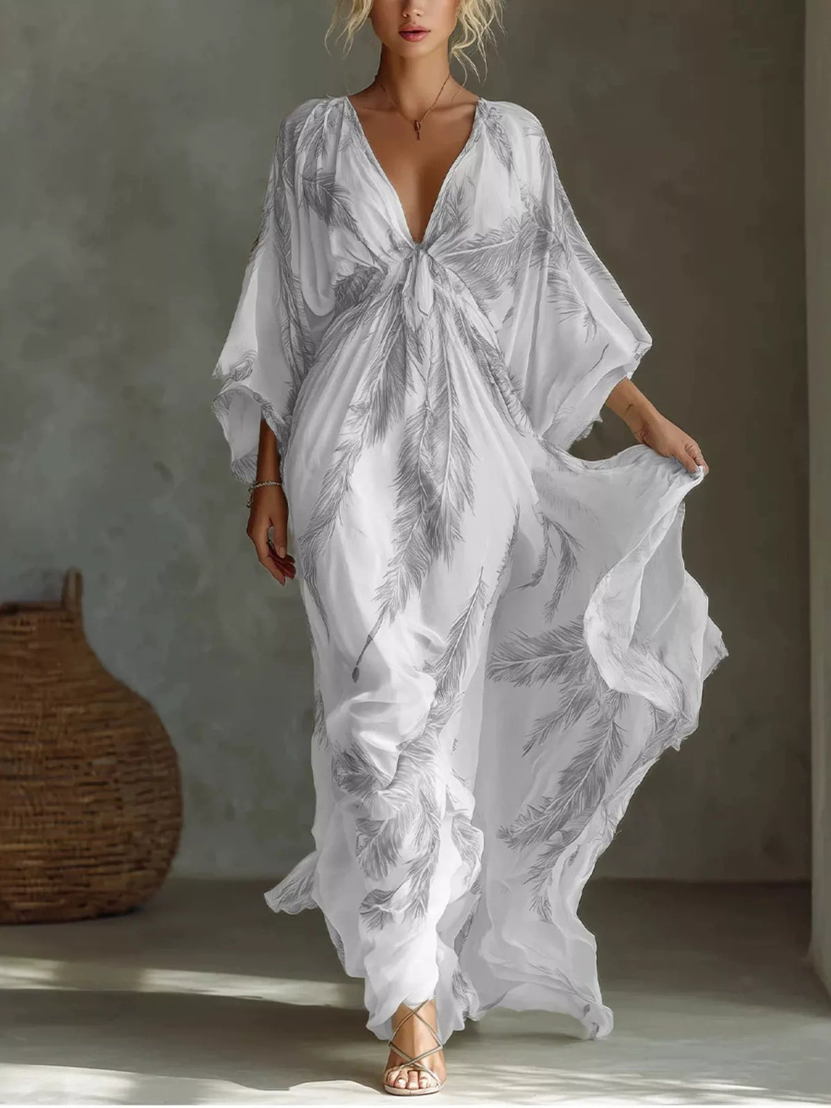Full Size Feather Print V-Neck Flowy Maxi Dress Plus Size
