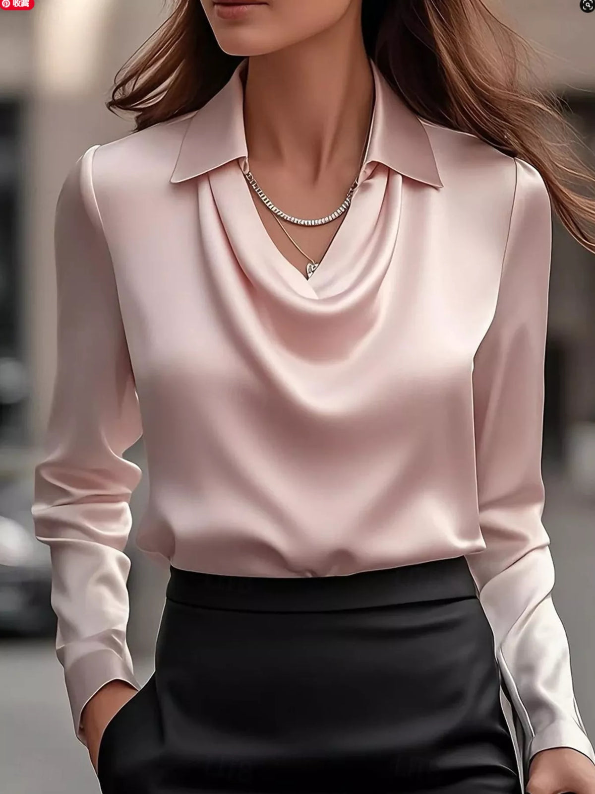 Ruched Long Sleeve Drape Collar Blouse