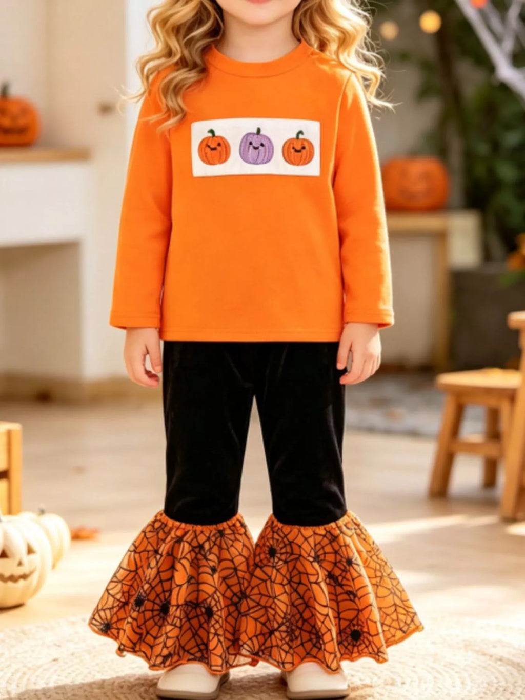 Children's Halloween Pumpkin Long Sleeve Top and Spiderweb Bell Bottom Set