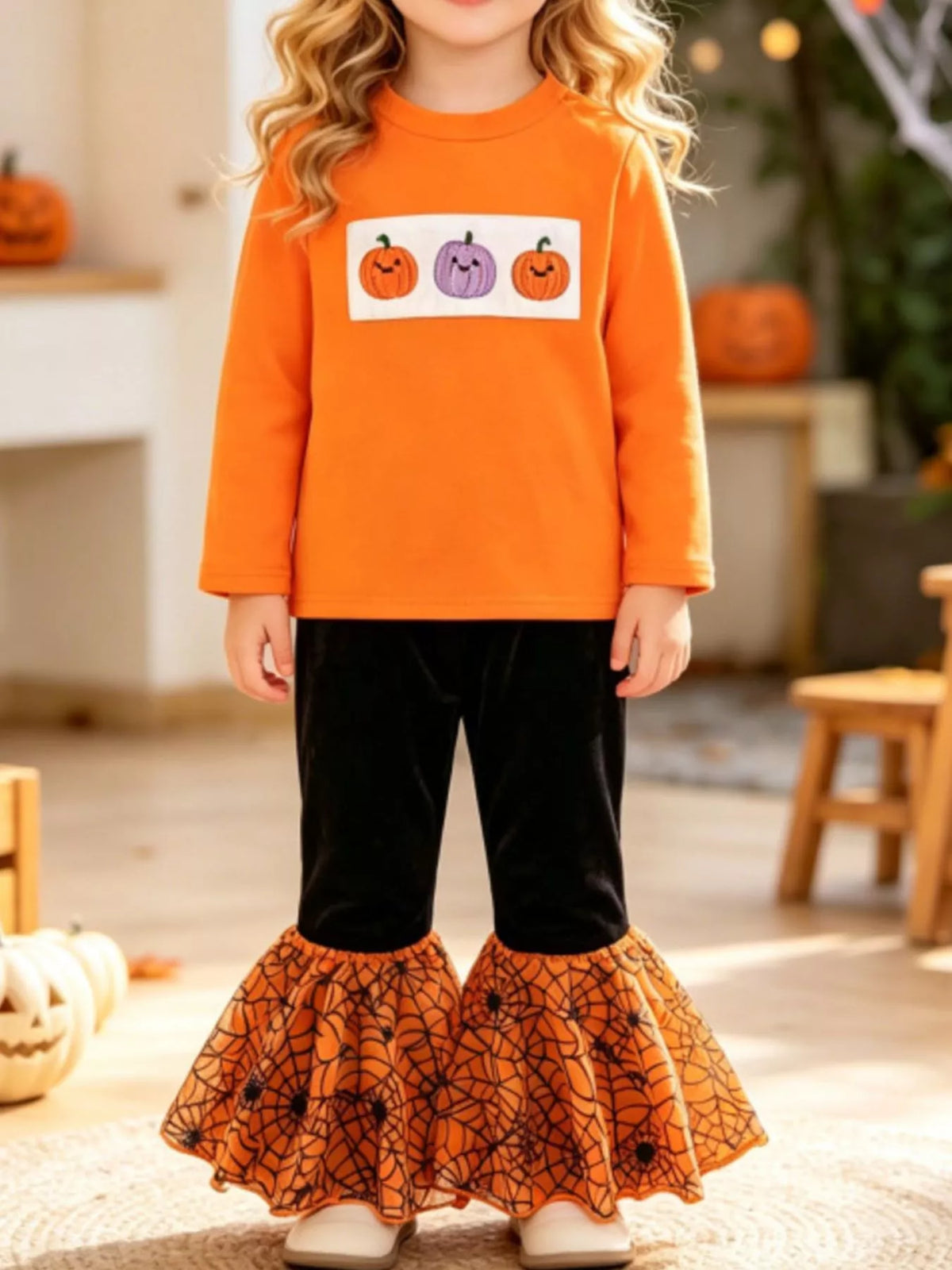 Children's Halloween Pumpkin Long Sleeve Top and Spiderweb Bell Bottom Set
