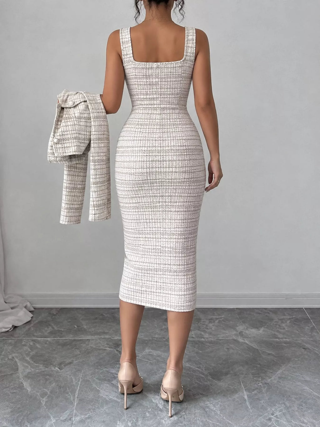 Tweed Square Neck Dress and Cardigan Set