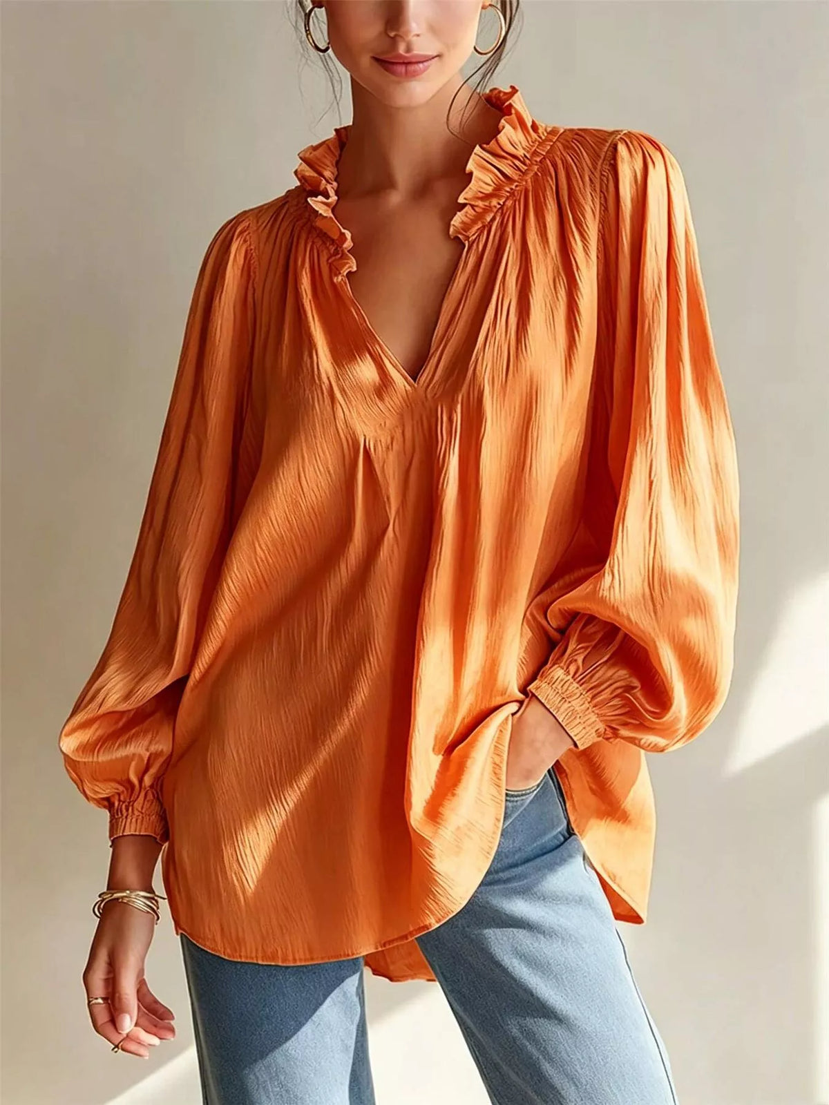 Ruffle Trim Long Sleeves Blouse